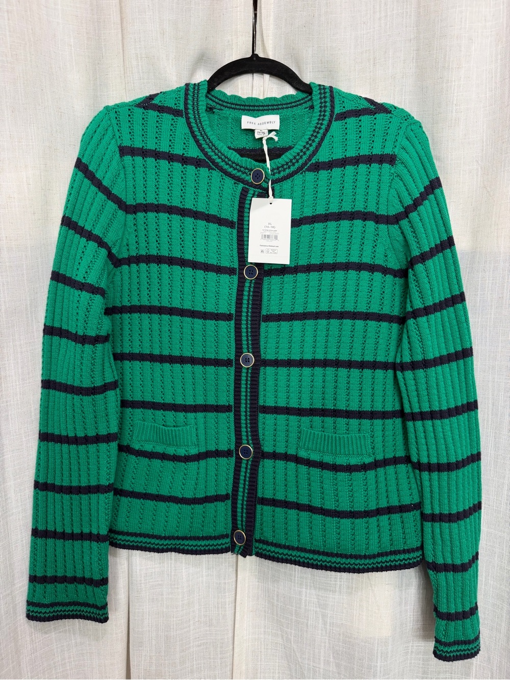 Free Assembly Green & Navy Striped Knit Cardigan Sweater